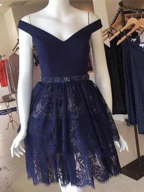 2019 A-Line Dark Navy Off Shoulder Lace Short Homecoming Dresses  cg591