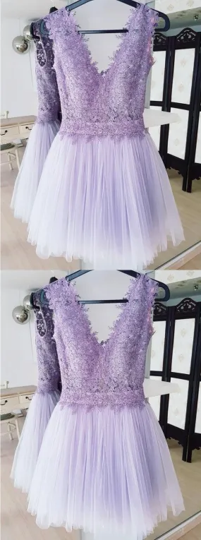 A-Line Deep V-Neck Backless Lilac Short Homecoming Dress With Lace     cg23542