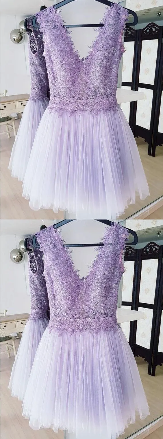 A-Line Deep V-Neck Backless Lilac Short Homecoming Dress With Lace     cg23542