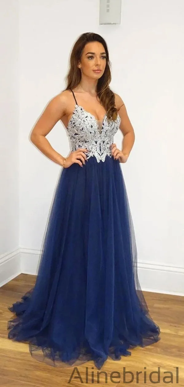 A Line Navy Blue Tulle Prom Dresses Spaghetti Back Crossed Straps Prom Gown PD1038