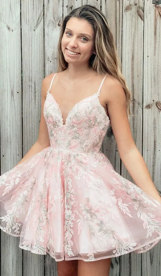 A Line Spaghetti Straps Homecoming Dress With Appliques cg2543