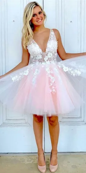 A-line V Neck Tulle Short Pink and White Homecoming Dress  cg3628