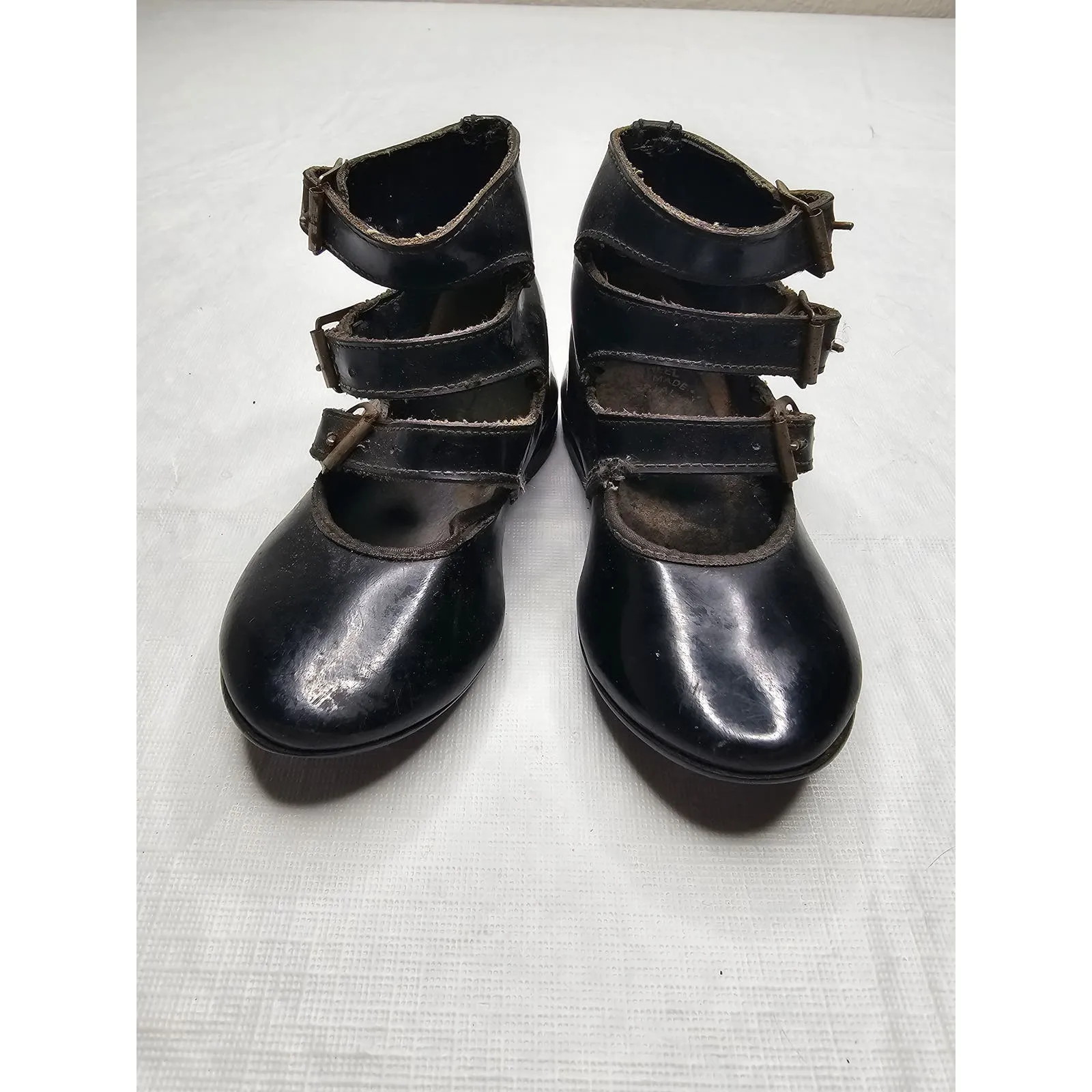 Antique Victorian Baby Leather Shoes  Primitive Black 3 Side Buckles