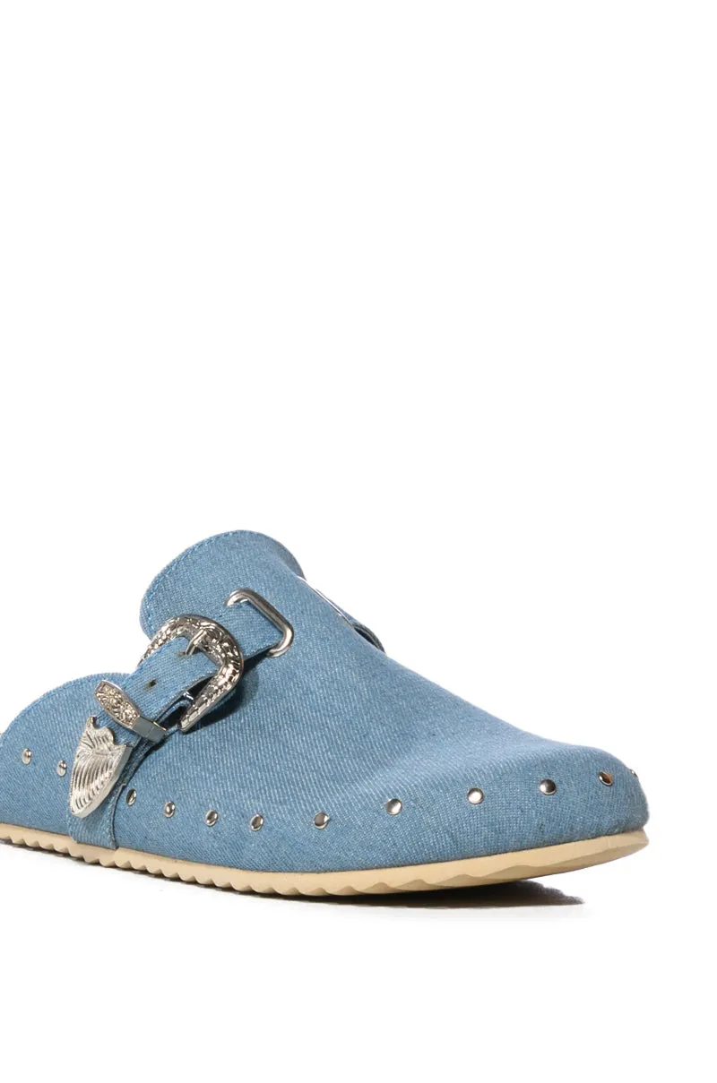 AZALEA WANG MOHSIN DENIM FLAT CLOG