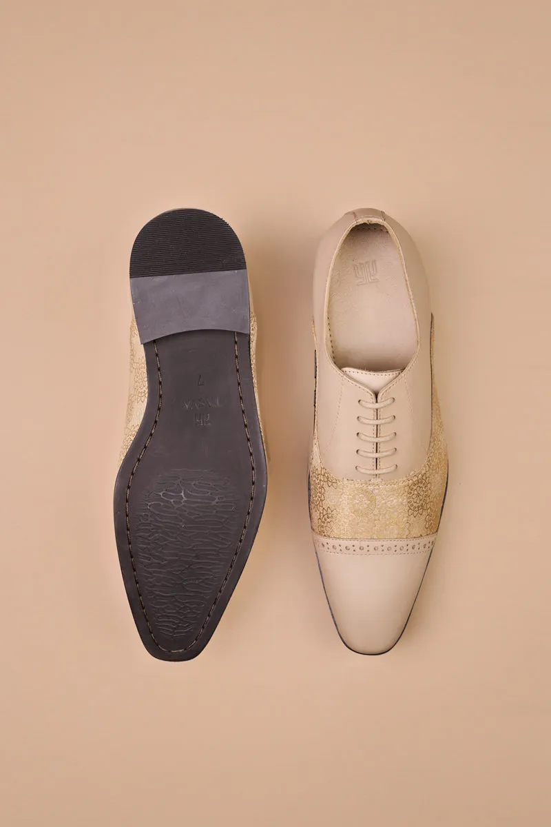 Beige Leather Brogue With Brocade Detailing