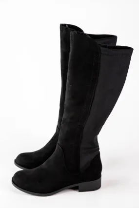 Cheese Stretch Back Tall Boot, Black Faux Suede