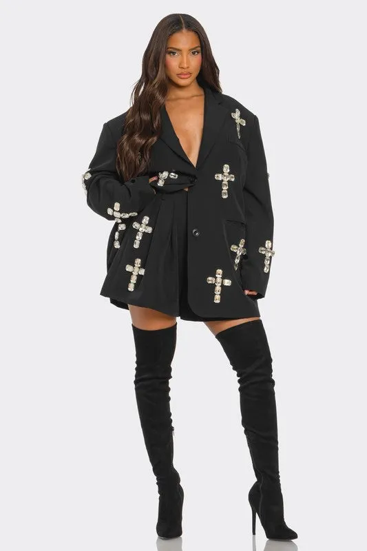 Crystal Cross Embellished Blazer Skirt Set