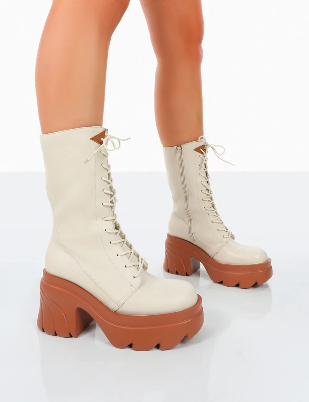 Ever Beige Laced Platform Chunky Sole Ankle Boots