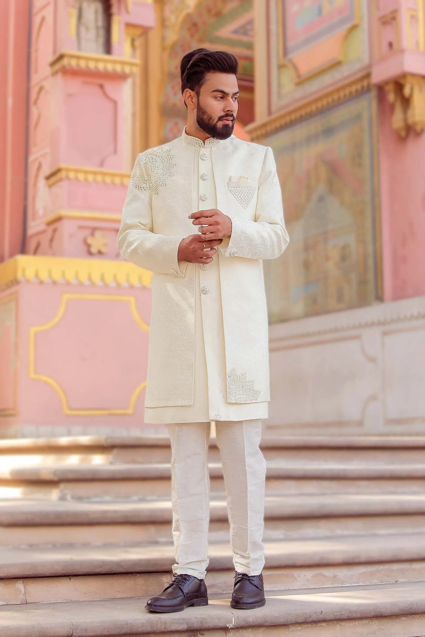 Ivory Brocade Silk Jacket Style Indo-wester Suit.