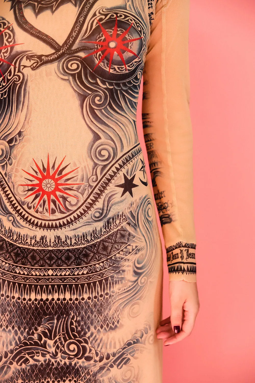 Jean Paul Gaultier Soleil Tattoo Print Mesh Dress Set