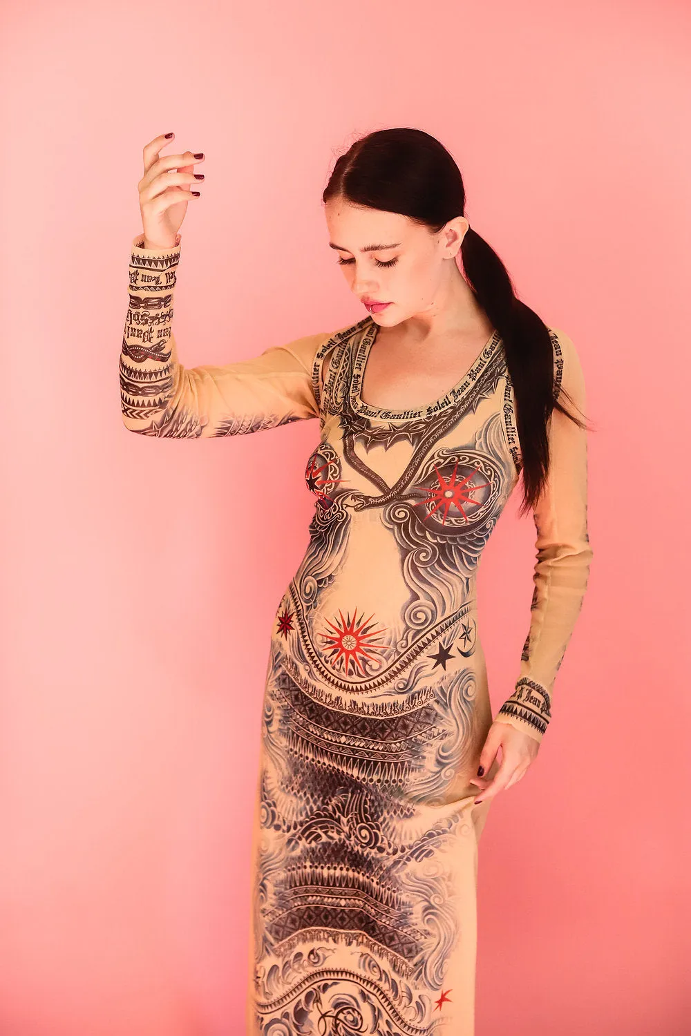 Jean Paul Gaultier Soleil Tattoo Print Mesh Dress Set