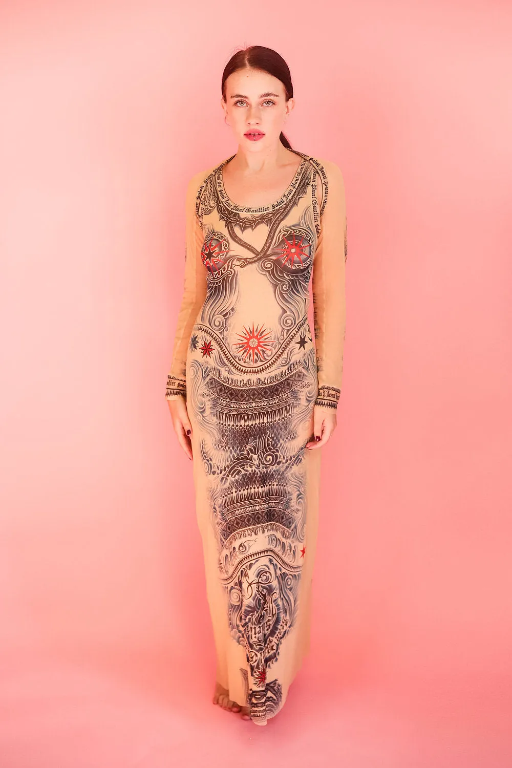 Jean Paul Gaultier Soleil Tattoo Print Mesh Dress Set