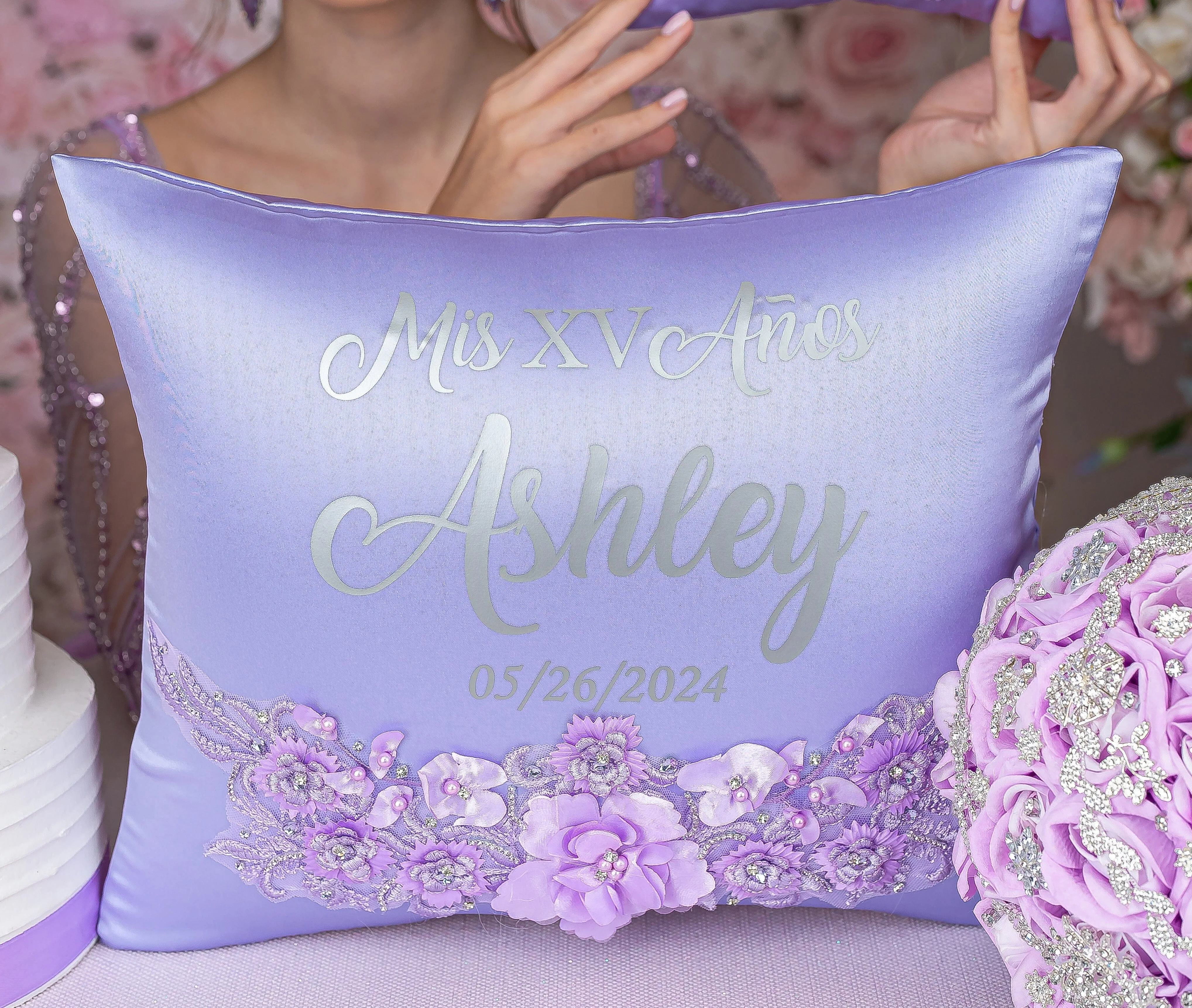 Lilac quinceanera kneeling pillow, shoes pillow