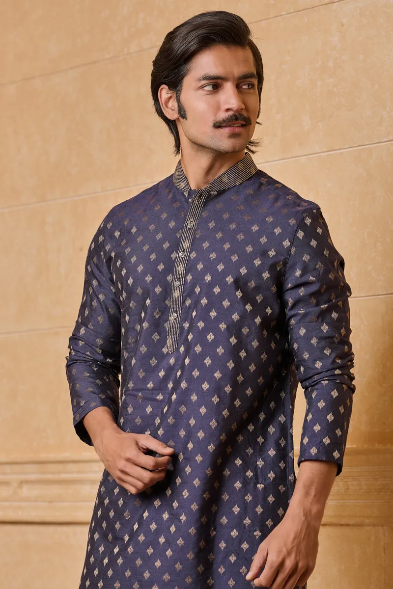 Navy Jacquard Kurta Set In Top Stitch Detailing