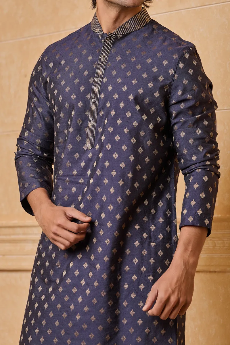 Navy Jacquard Kurta Set In Top Stitch Detailing