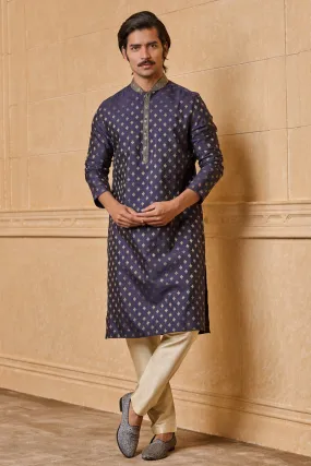 Navy Jacquard Kurta Set In Top Stitch Detailing