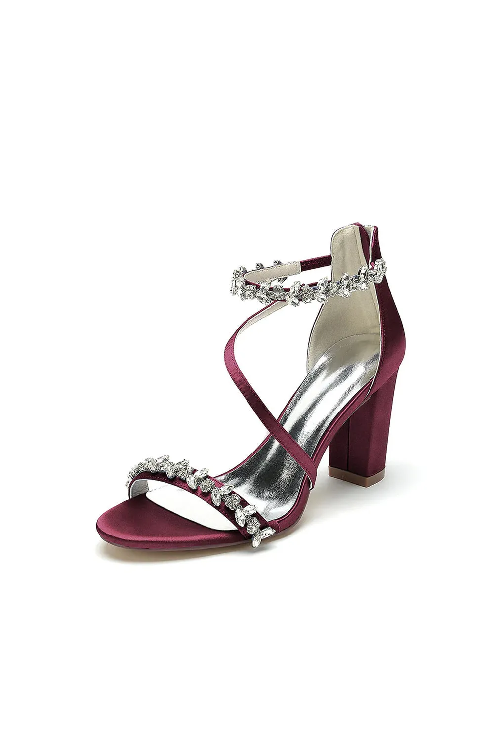 Open Toe Rhinestone Beaded Ankle Strap Chunky Heels