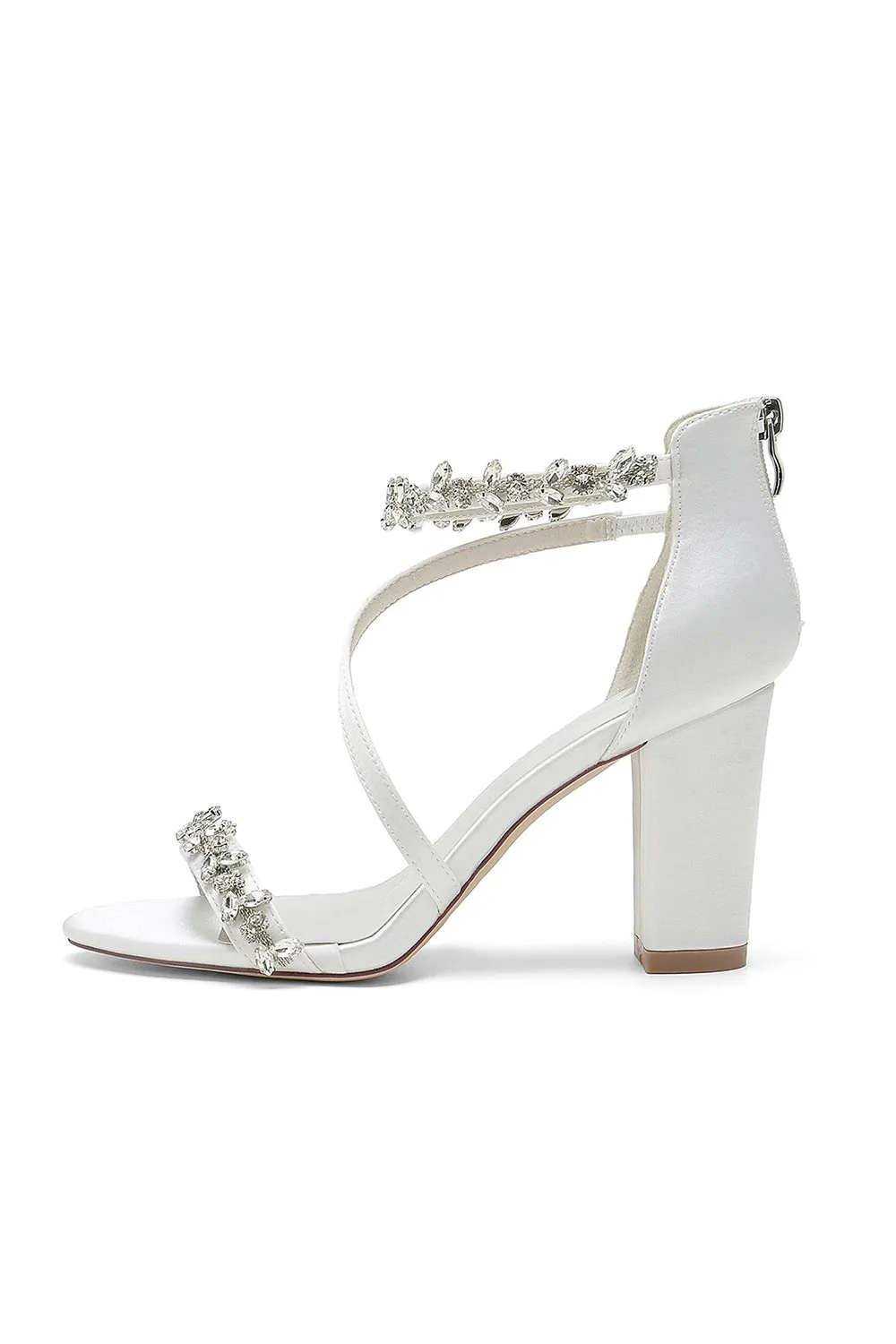 Open Toe Rhinestone Beaded Ankle Strap Chunky Heels