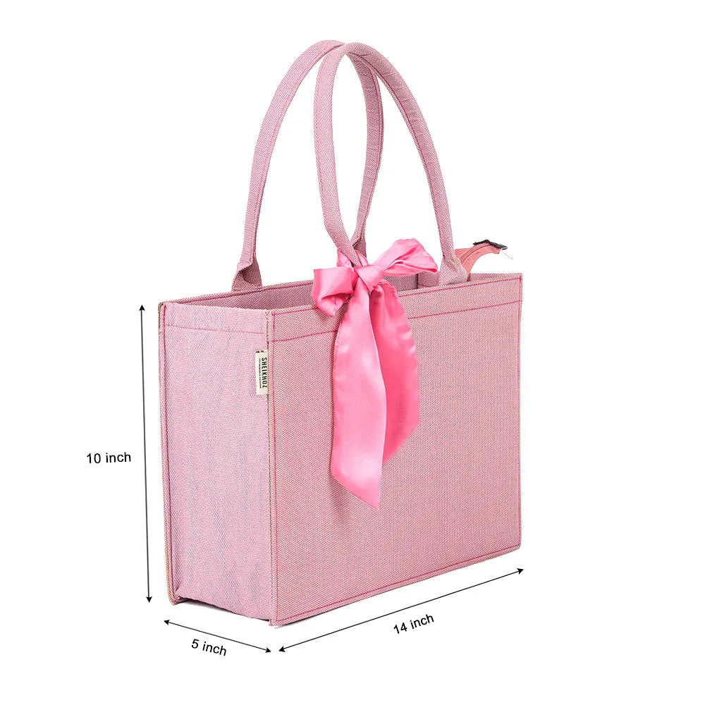 Self-Printed Pink Tote Bag with Pink Knot Accent – Versatile and Chic