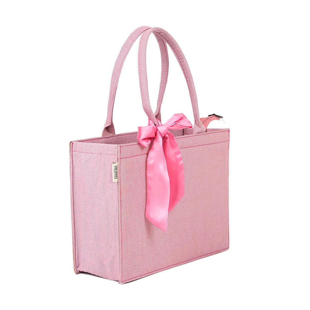 Self-Printed Pink Tote Bag with Pink Knot Accent – Versatile and Chic