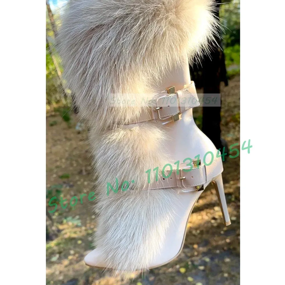 Sesito Beige Real Fur Mid-calf Boots