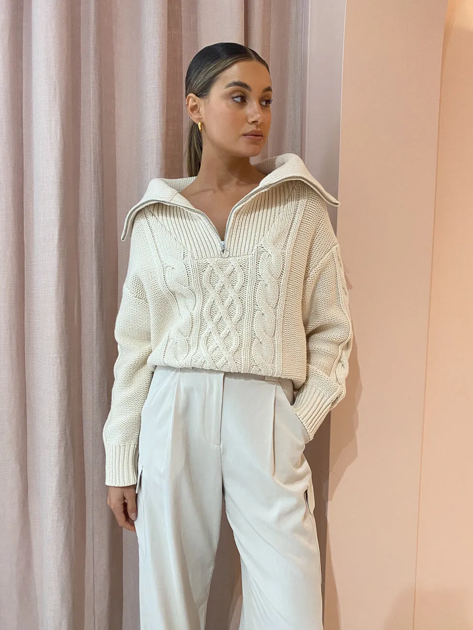 Shona Joy Eva Cable Zip Up Jumper in Crema