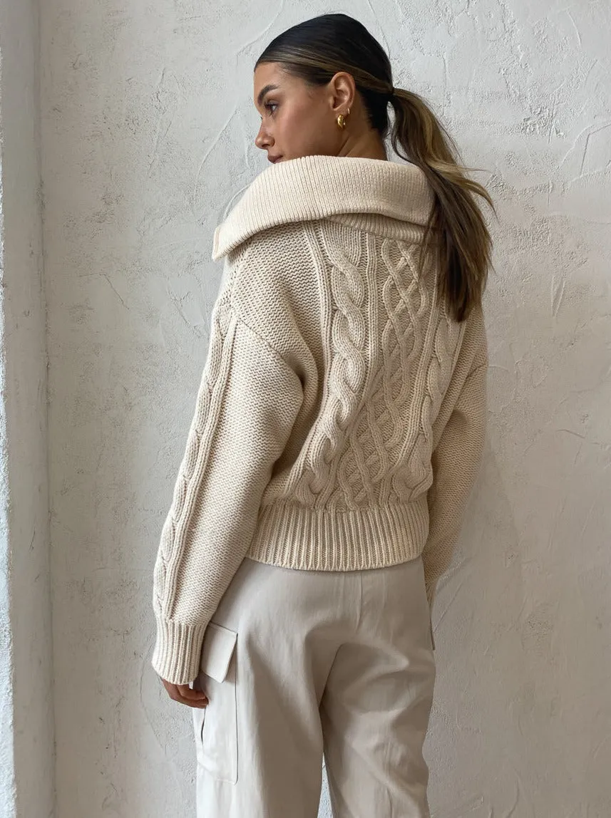 Shona Joy Eva Cable Zip Up Jumper in Crema