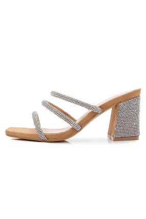 Silver Rhinestones Slip On Chunky Heel Sandal