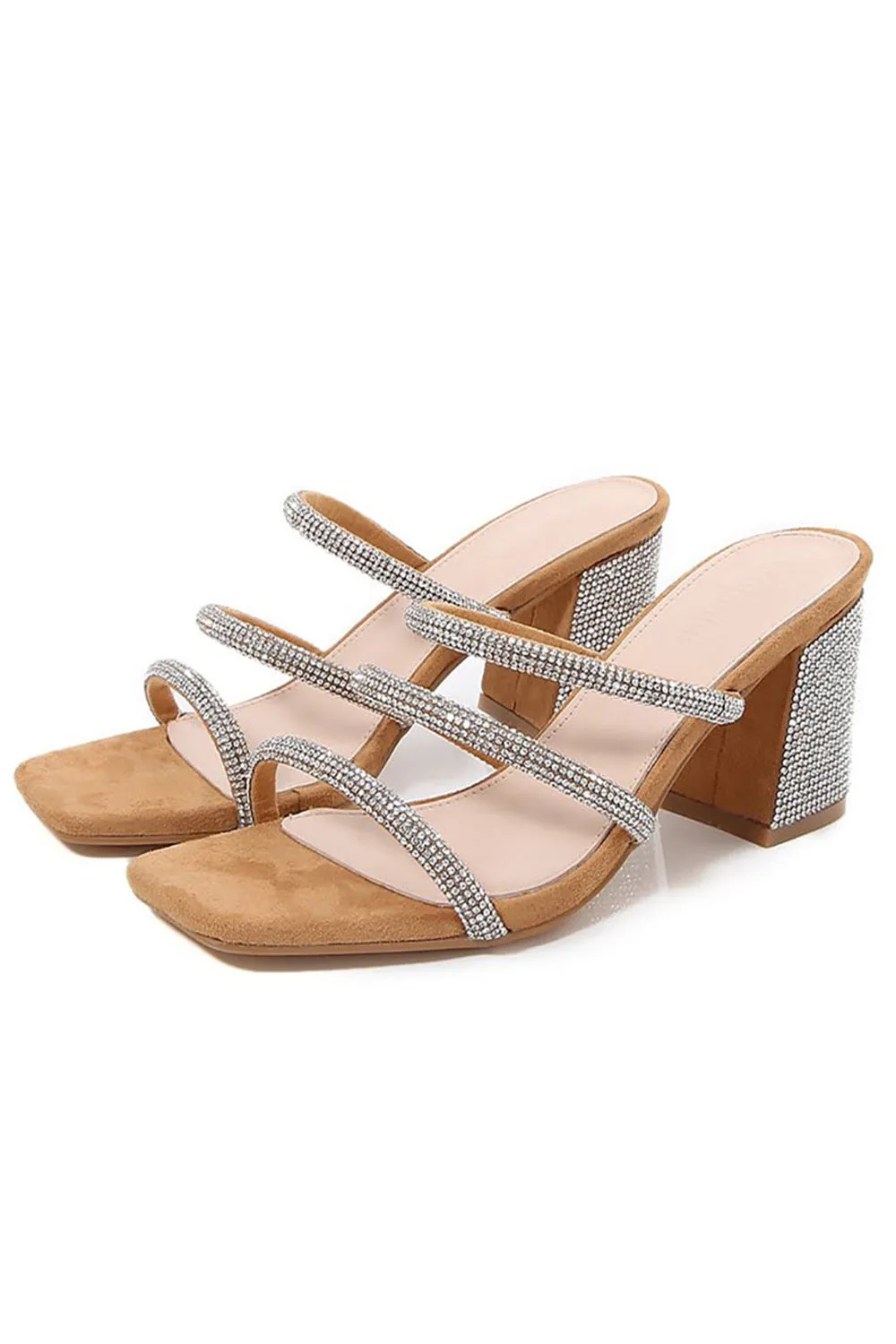 Silver Rhinestones Slip On Chunky Heel Sandal