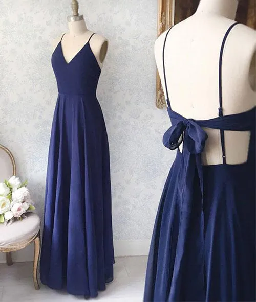 Simple Chiffon Blue Spaghetti Straps V-neck Floor Length Prom Dresses, SP414