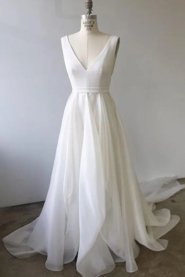 Simple Ivory A-line V-neck White Wedding Dresses Prom Dress With Court Train, SW297