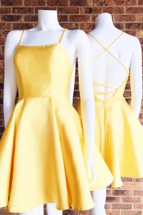 Simple Short Spaghetti-Straps Yellow Satin Homecoming Dress