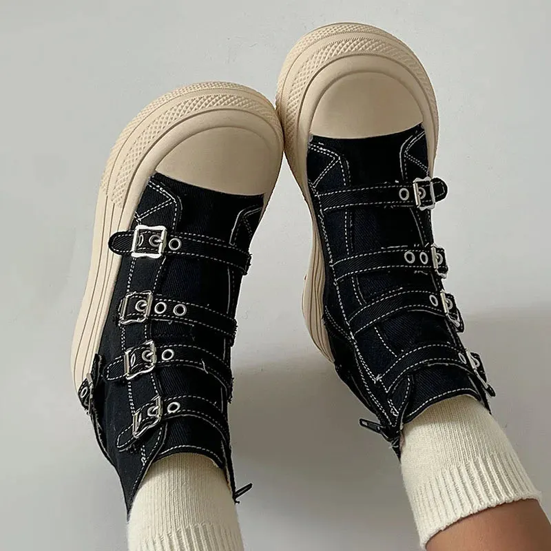 Sohiwoo Women Platform Canvas Shoes Classic Casual Outdoor Versatile Sneakers Buckle Design High Top Boots Fashion Zipper Shoes Female