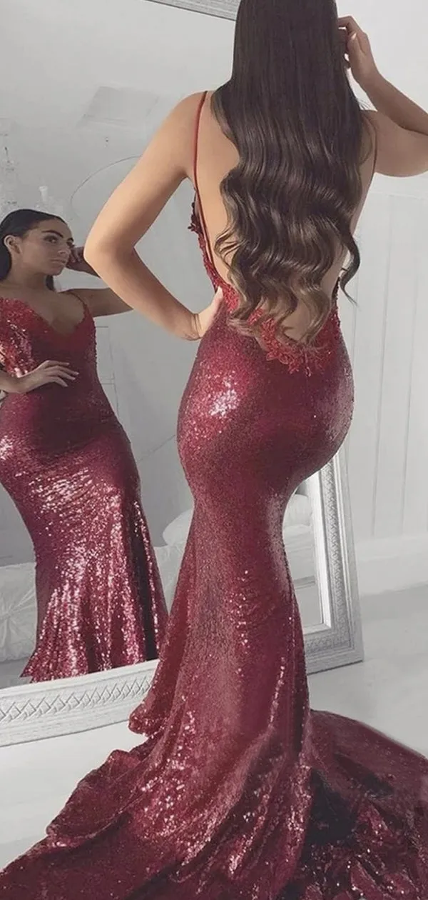 Spahetti Straps V Neckline Sequin Party Mermaid Burgundy Prom Dresses PD1050