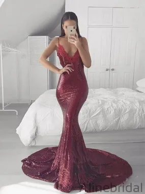 Spahetti Straps V Neckline Sequin Party Mermaid Burgundy Prom Dresses PD1050