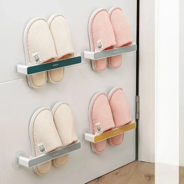 Wall Mounted Self Adhesive Shoe Rack Towel Shelf Organizer with Hooks for Kitchen Bathroom S4608372