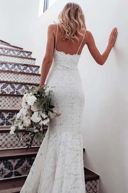 White All Over Lace Mermaid Spaghetti Straps Wedding Dresses with Train, SW285