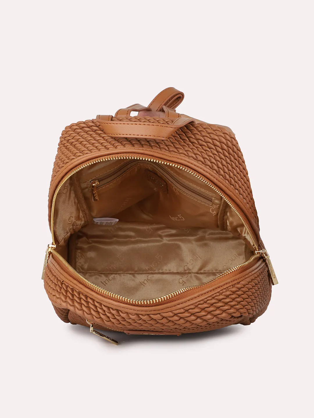 Women Tan Textured Mini Backpack With Quilted Detailing